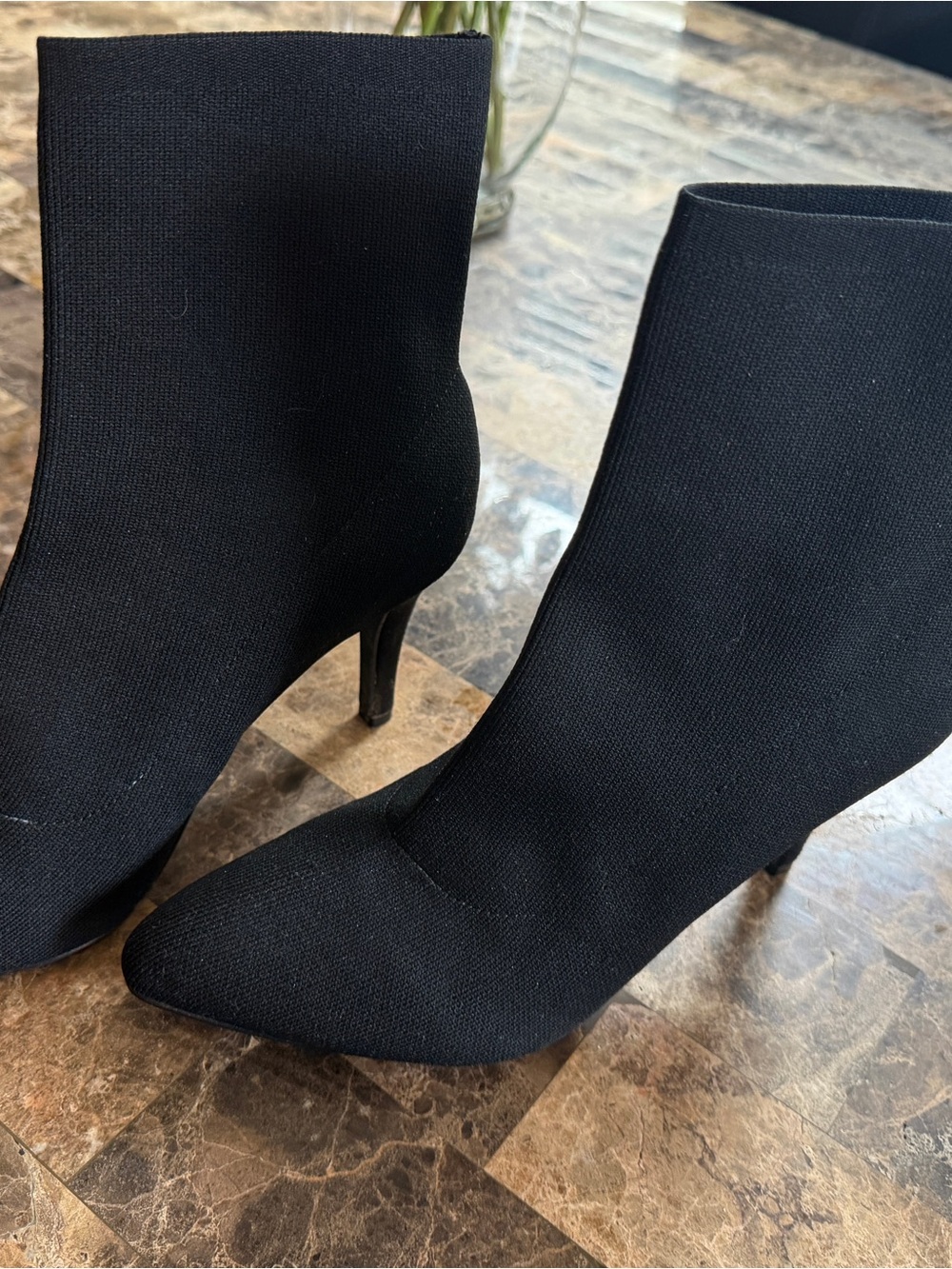 Stretch Knit Black Ankle Booties with Pointed Toe